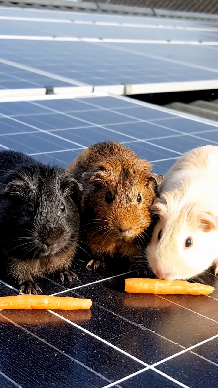 987. Highly detailed view of 2 smooth-haired Himalayan guinea pigs with Fawn and Sable fur, dressed as musicians, strumming guitars, in a guinea pig concert hall, under warm spotlights, creating an elegant scene.