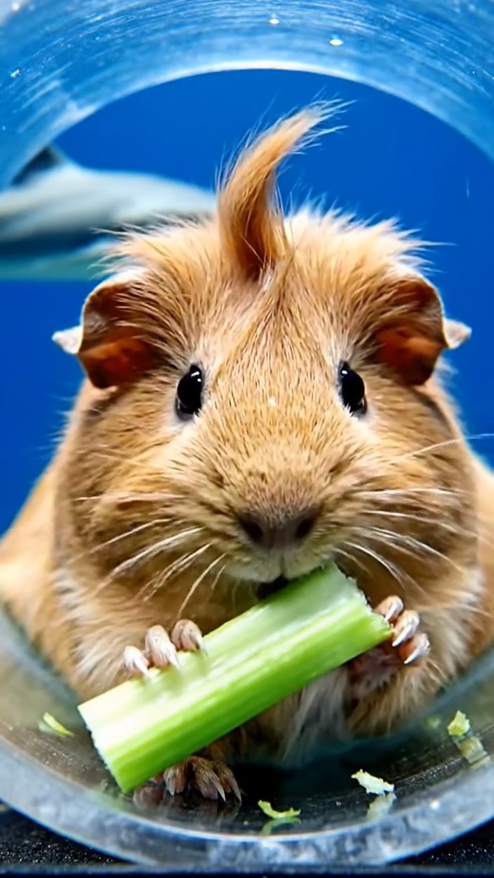 988. Realistic scene of 3 smooth-haired Californian guinea pigs with Chocolate, Cinnamon, and Gray fur, grooming with licks, in a lush meadow, under golden sunlight, enhancing the social atmosphere.