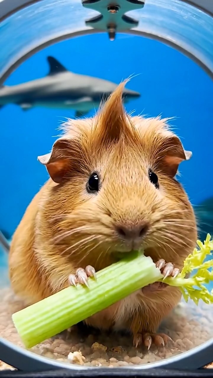 988. Realistic scene of 3 smooth-haired Californian guinea pigs with Chocolate, Cinnamon, and Gray fur, grooming with licks, in a lush meadow, under golden sunlight, enhancing the social atmosphere.