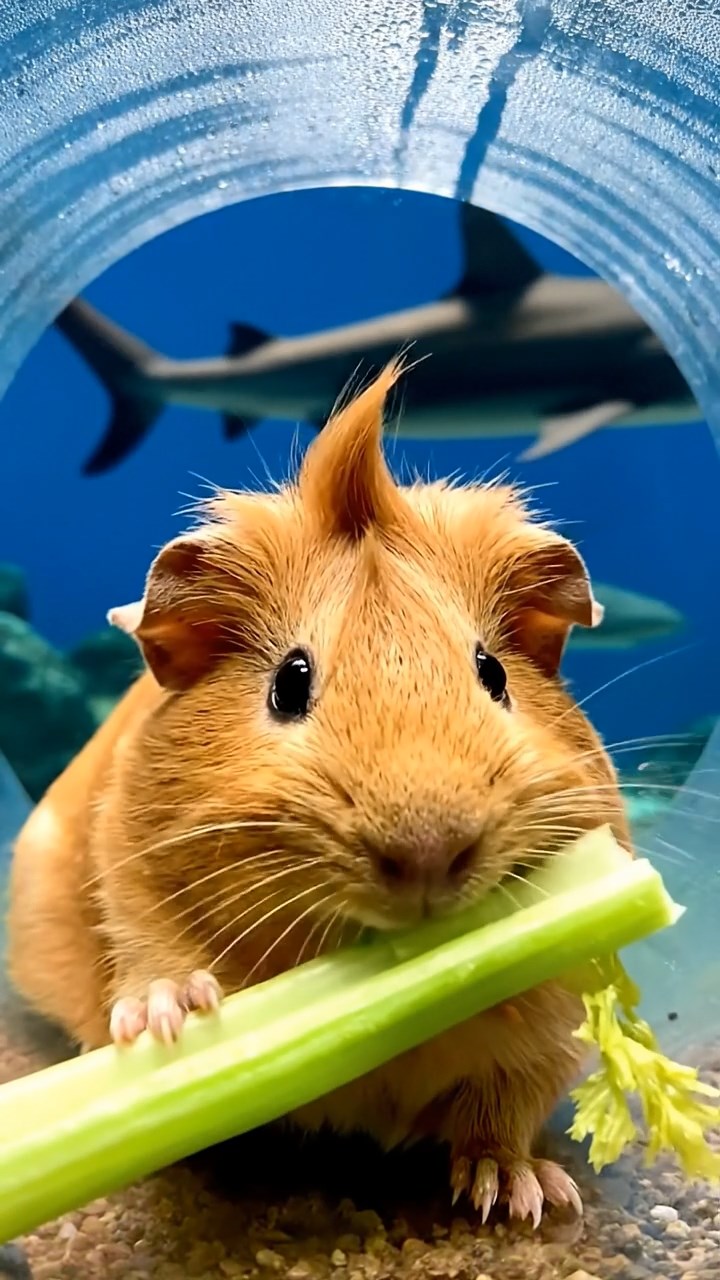 988. Realistic scene of 3 smooth-haired Californian guinea pigs with Chocolate, Cinnamon, and Gray fur, grooming with licks, in a lush meadow, under golden sunlight, enhancing the social atmosphere.