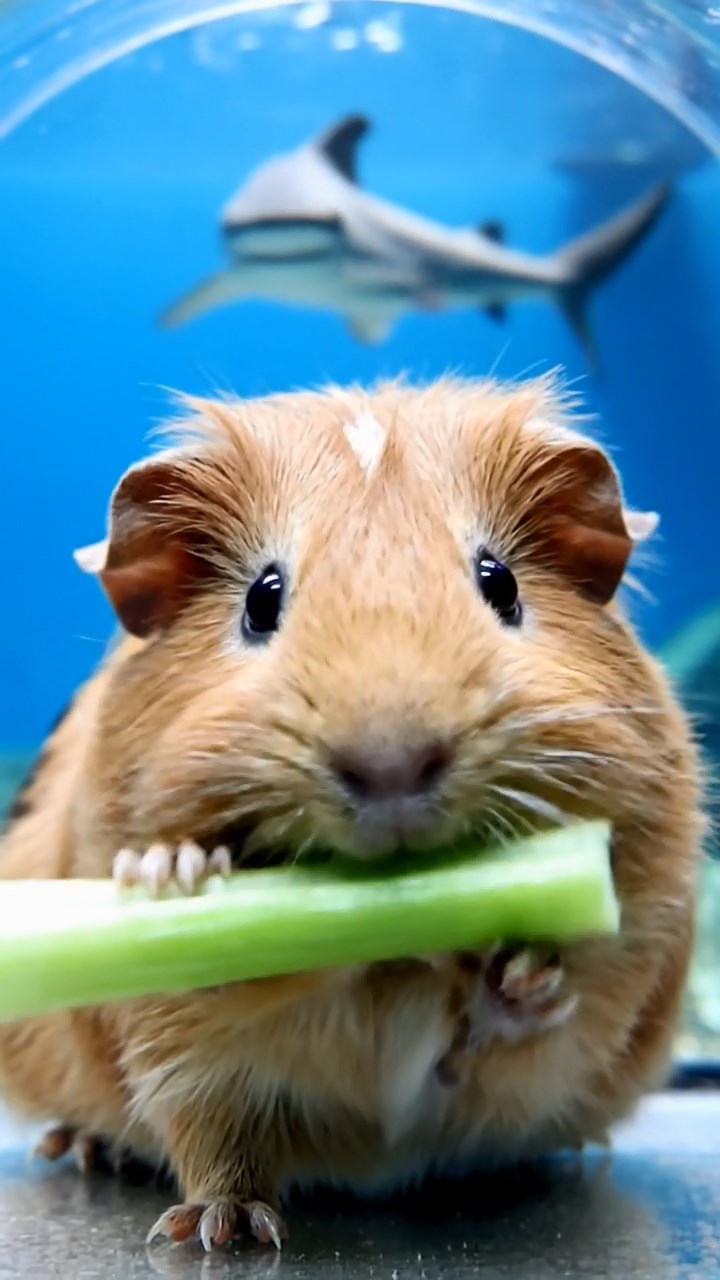 988. Realistic scene of 3 smooth-haired Californian guinea pigs with Chocolate, Cinnamon, and Gray fur, grooming with licks, in a lush meadow, under golden sunlight, enhancing the social atmosphere.
