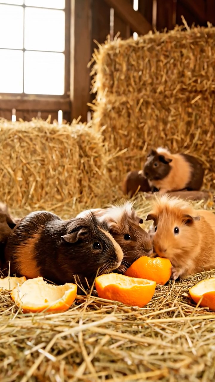 989. Detailed photo of 4 smooth-haired American guinea pigs with White, Orange, Black, and Brown fur, dressed as doctors, checking charts, in a guinea pig hospital, under bright lights, creating a vivid scene.