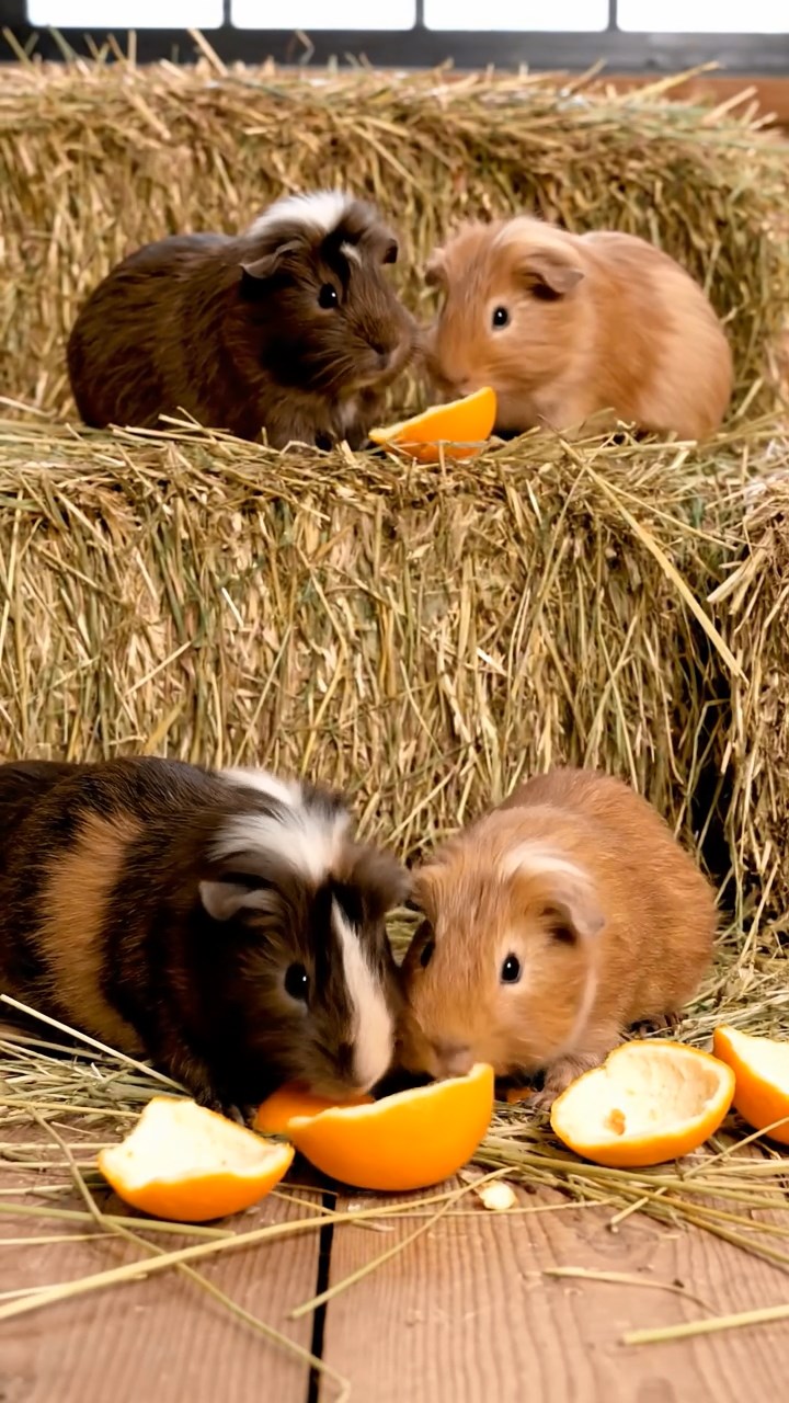 989. Detailed photo of 4 smooth-haired American guinea pigs with White, Orange, Black, and Brown fur, dressed as doctors, checking charts, in a guinea pig hospital, under bright lights, creating a vivid scene.