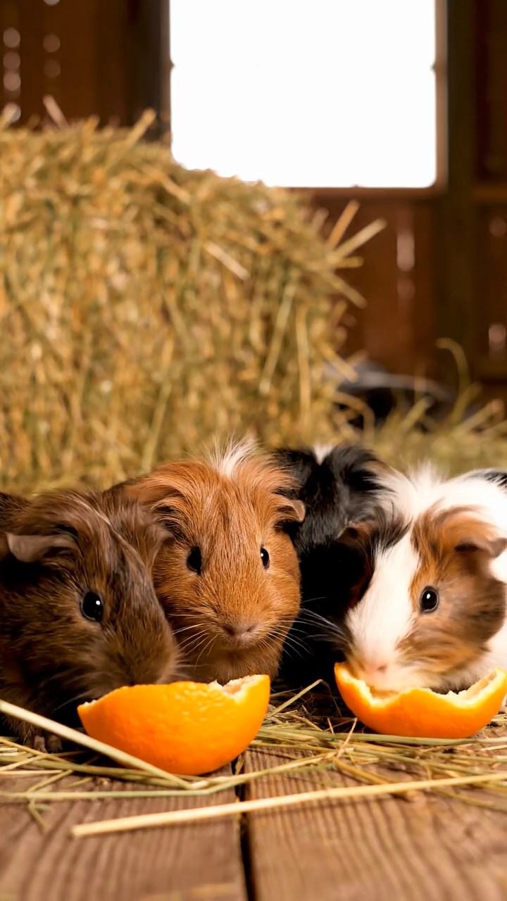 989. Detailed photo of 4 smooth-haired American guinea pigs with White, Orange, Black, and Brown fur, dressed as doctors, checking charts, in a guinea pig hospital, under bright lights, creating a vivid scene.