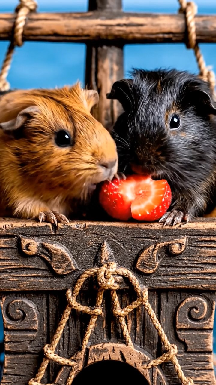 991. Highly detailed view of 1 smooth-haired Himalayan guinea pig with White fur, munching bell peppers, in a vegetable garden, under bright sunlight, creating a colorful scene.