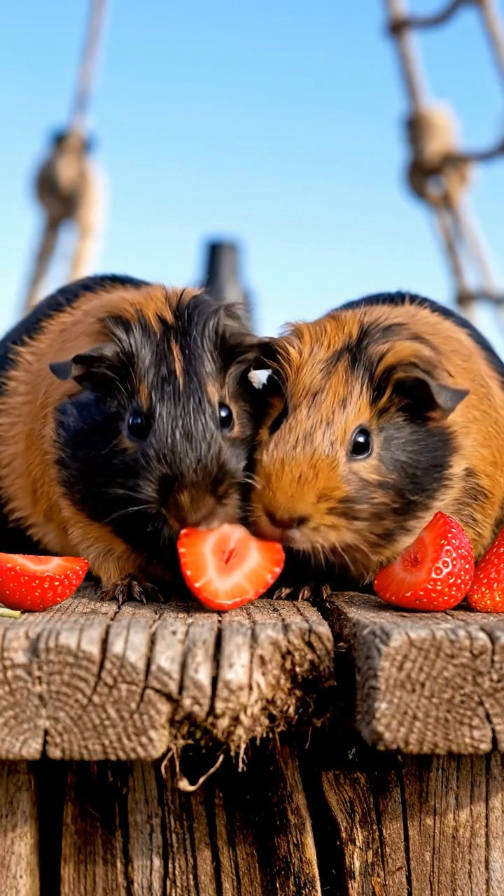 991. Highly detailed view of 1 smooth-haired Himalayan guinea pig with White fur, munching bell peppers, in a vegetable garden, under bright sunlight, creating a colorful scene.
