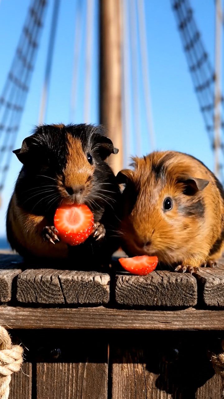 991. Highly detailed view of 1 smooth-haired Himalayan guinea pig with White fur, munching bell peppers, in a vegetable garden, under bright sunlight, creating a colorful scene.