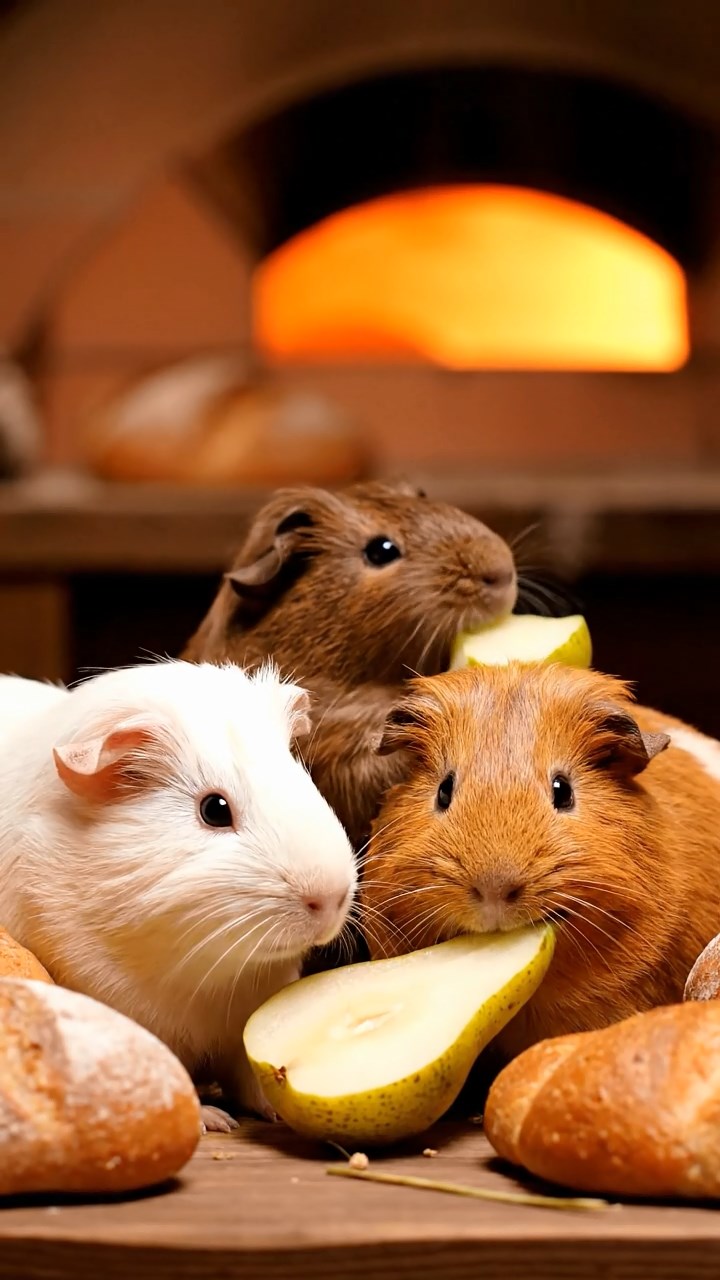 992. Realistic scene of 2 smooth-haired Californian guinea pigs with Orange and Black fur, dressed as tailors, sewing shirts, in a guinea pig atelier, under warm lamplight, creating a creative atmosphere.