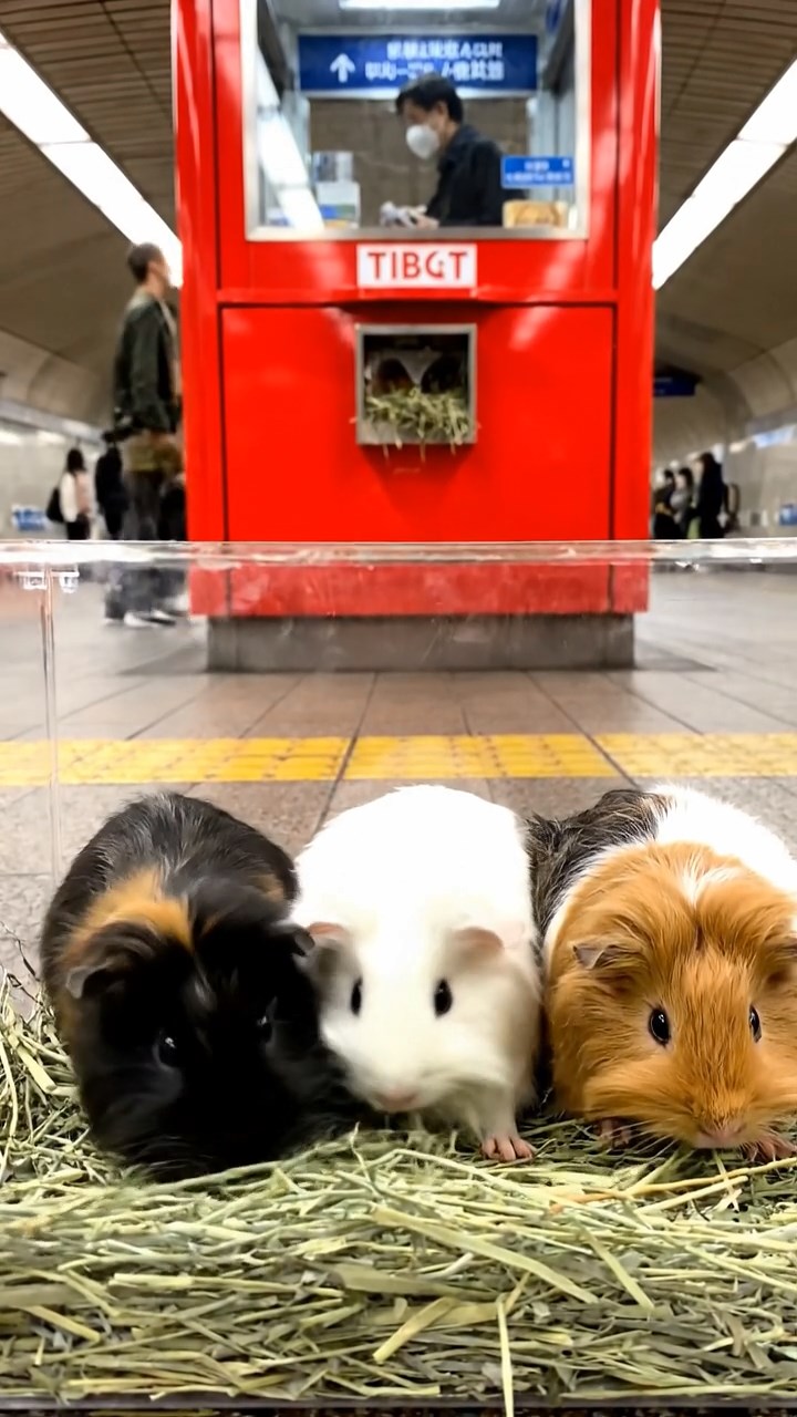 994. Photorealistic scene of 4 smooth-haired Teddy guinea pigs with Fawn, Chocolate, Cinnamon, and Sable fur, dressed as librarians, shelving books, in a guinea pig library, under soft lamplight, capturing a cozy moment.