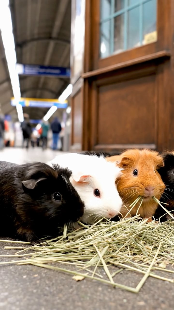 994. Photorealistic scene of 4 smooth-haired Teddy guinea pigs with Fawn, Chocolate, Cinnamon, and Sable fur, dressed as librarians, shelving books, in a guinea pig library, under soft lamplight, capturing a cozy moment.