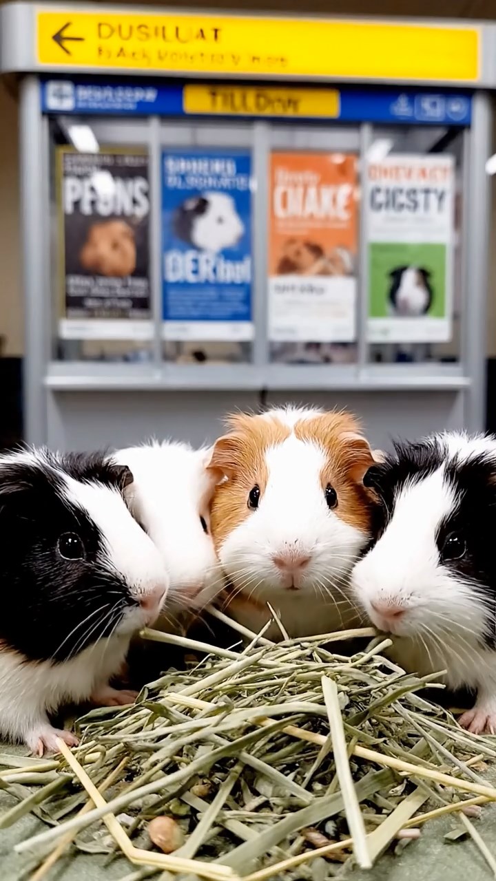 994. Photorealistic scene of 4 smooth-haired Teddy guinea pigs with Fawn, Chocolate, Cinnamon, and Sable fur, dressed as librarians, shelving books, in a guinea pig library, under soft lamplight, capturing a cozy moment.