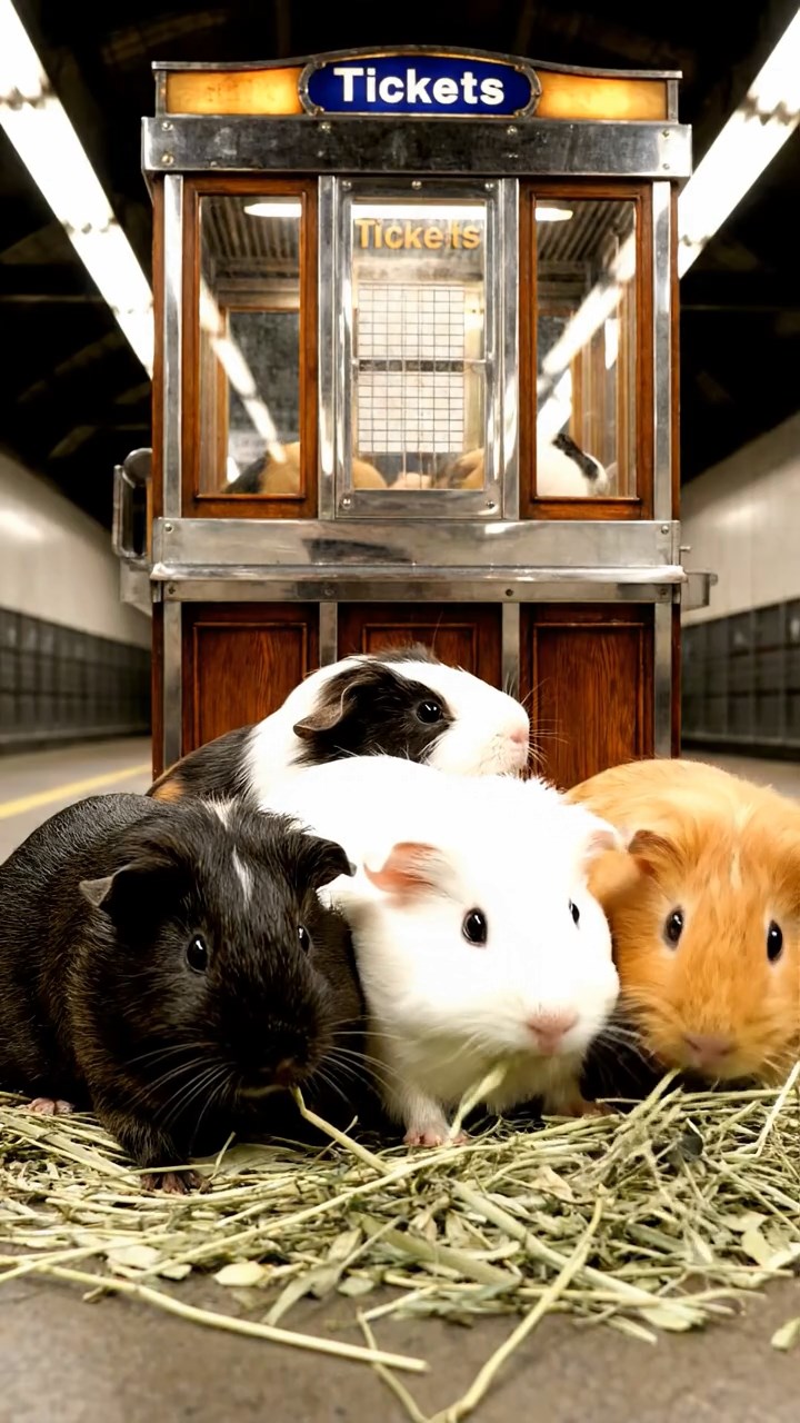 994. Photorealistic scene of 4 smooth-haired Teddy guinea pigs with Fawn, Chocolate, Cinnamon, and Sable fur, dressed as librarians, shelving books, in a guinea pig library, under soft lamplight, capturing a cozy moment.